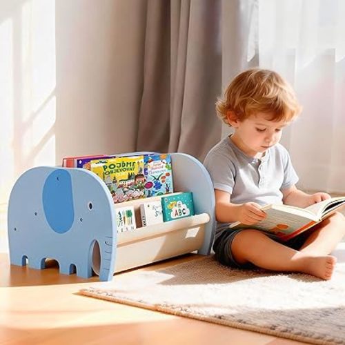 Double Sided Kids Bookshelf – 2 Tier Portable Toddler Bookshelf, Book Shelf for Kids Rooms & Playroom, Cute Elephant Design Wooden Montessori Baby Bookshelf,Toddler Book Display Shelves,Blue