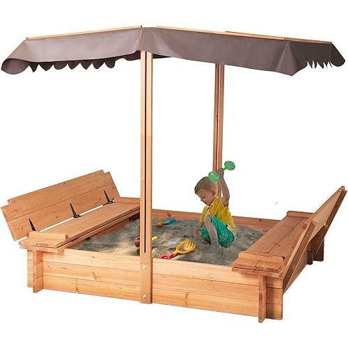 BIRASIL Wood Sandbox with Cover, Sand box with 2 Bench Seats for Aged 3-8 Years Old, Sand Boxes for Backyard Garden, Sand Pit for Beach Patio Outdoor (Natural Wood, 48 Inch)