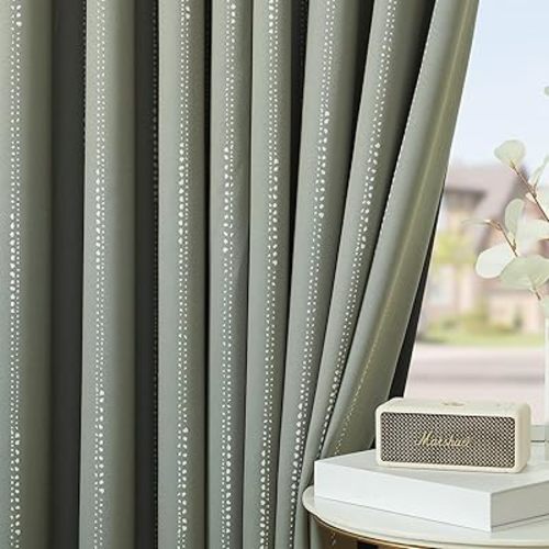 jinchan Boho Blackout Curtains for Bedroom, Striped Patterned Sage Green Curtains 84 Inch Long Room Darkening Curtains for Bedroom Grommet Top Thermal Insulated Windows Curtains Set 2 Panels