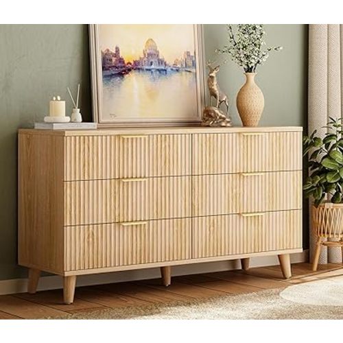 Lulive Dresser for Bedroom Wood Dressers Chest of Drawers, Fluted 53.2" Wide Modern Long Dresser TV Stand 6 Drawers for Bedroom, Closet, Living Room, Hallway (Natural)