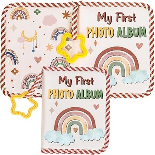 Baby's My First Family Album Soft Photo Cloth Book Boho Rainbow Photo Album Gift Holds 4x6" Pictures Soft Photo Cloth Book With Safety Mirror For Newborn Baby Shower Toddler Kid