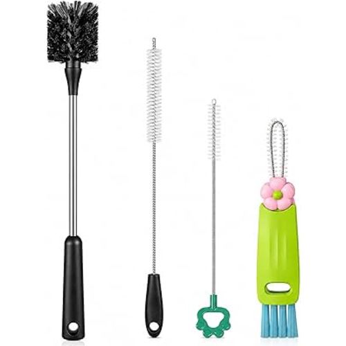 [4 Pack] Bottle Brush, 15 Inches Stainless Steel Long Handle Baby Bottle Scrub Cleaning Brushes with Straw & Lid Brushes for Sports Water Bottle, Cups, Coffee Mugs, Glasswares