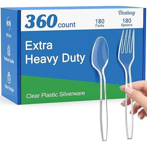 360 Count Extra Heavy Duty Clear Plastic Forks and Spoons, 180 Forks & 180 Spoons, Heat Resistant, Disposable Plastic Silverware, Disposable Spoons and Forks Set Plastic