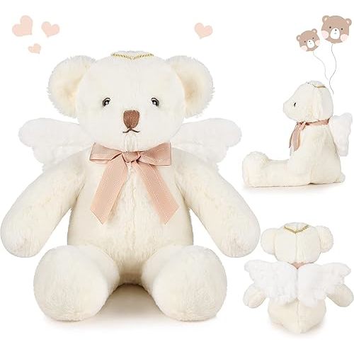 Sratte 16 Inch Angel Bear Plush Stuffed Animal with Wings Bow Soft Cute Stuffed Bear Plushies Toy for Boys Girls Birthday Baby Shower Baptism Christening Family Gifts