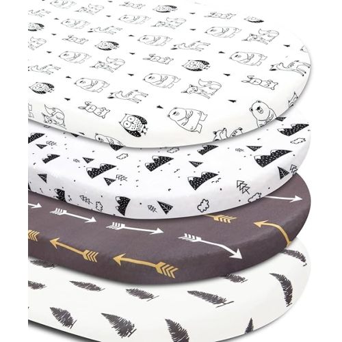 4 Pack Bassinet Sheets Woodland Forest Animals Wood Neutral Unisex Fitted Baby Bassinet Sheets Set for Standard Bassinets for Baby Boys or Girls