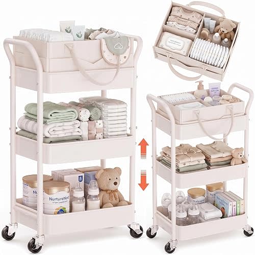 Beige 3 Tier Rolling Diaper Caddy Cart with Wheels and Detachable Dividers