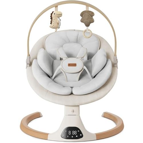 Baby Swings for Infants, Monamii Baby Swing, Bluetooth Infant Swing with Music Speaker, 5 Speeds and Remote Control, Electric Swing for Baby, Portable Baby Swing, Indoor & Outdoor Use (Beige)