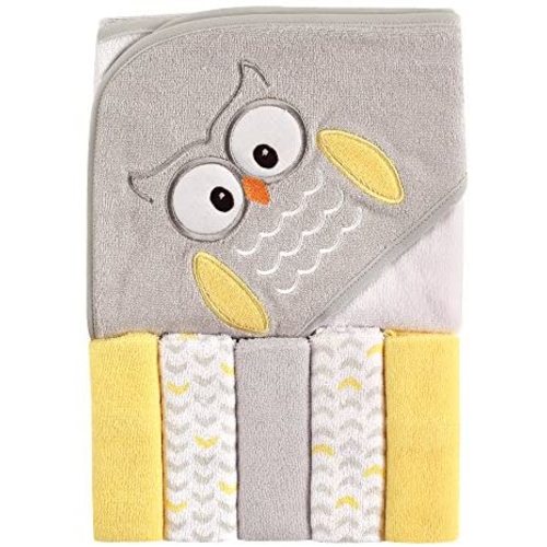 Luvable Friends Unisex Baby Hooded Towel with Five Washcloths, Owl, One Size