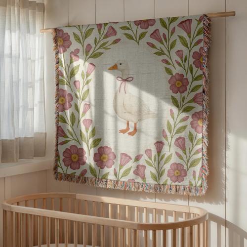 Cottagecore Goose Baby Blanket – Floral Woven Nursery Blanket for Girls, Whimsical Farm Animal Baby Gift, Vintage-Inspired Toddler Throw