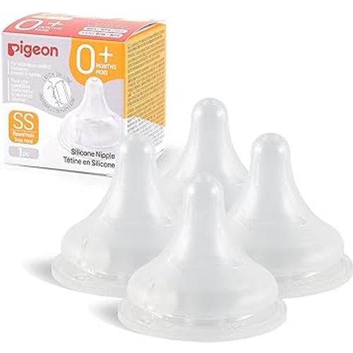 Pigeon Silicone Nipple (SS) with Latch-On Line, Natural Feel, 0+ Months, 4 Counts