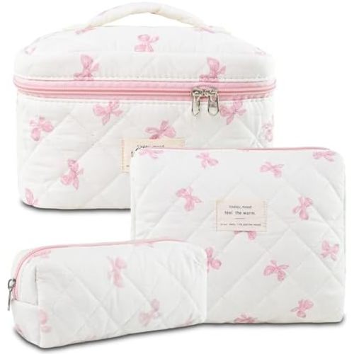 3Pcs Makeup Bag Cotton Quilted Travel Cosmetic Bag Cute Floral Makeup Pouch Large Toiletry Bag for Women Girls (Bow-Pink)
