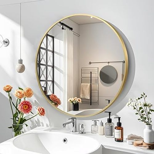 FARMER 28 Inch Gold Circle Mirror, Round Bathroom Mirror, Vanity Mirror with Metal Frame, Brushed Wall Mirror for Bathroom, Bedrooms, Entryways, Living Rooms, Vanity, Hallway