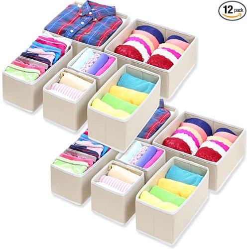Simple Houseware Foldable Cloth Storage Box Closet Dresser Drawer Divider Organizer Basket Bins for Underwear Bras, Beige (Set of 12) - 4L / 4M / 4S