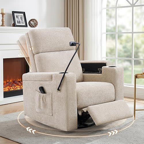 ABCASA Power Recliner Rocking Chair Nursery Glider, Swivel Reclining Nursery Rockers for Baby Room & Living Room, Chenille Chair with Phone Holder, USB/Type-C Ports, Arm Storage, Light Brown