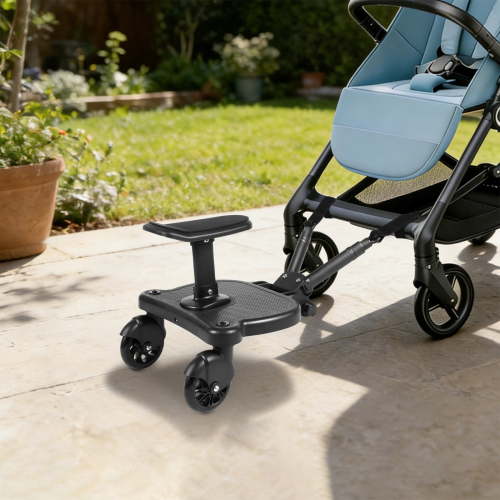 2-in-1 Universal Stroller Board with Detachable Seat – Sit & Stand Buggy Board for Toddlers Ages 3-7, 55lbs Capacity, 360° Smooth PU Wheels, Adjustable Height for Most Strollers – Black