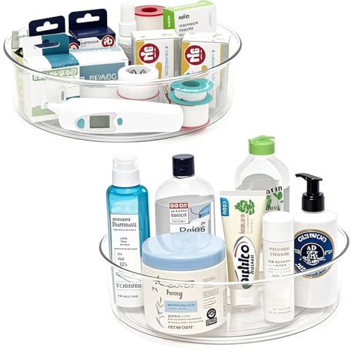 2 Pack Lazy Susan 11.5" Inch Turntable Organizer Organization Storage Container Bins Spice Rack Cabinet Rotating Condiment for Pantry Countertop Kitchen Vanity Bathroom Jewelry Holder Clear