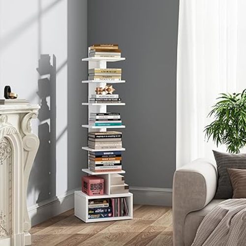 TUTOTAK Narrow Bookshelf, Vertical 8-Tier Bookcase, Spine Book Shelf for Small Space, Small Standing Shelf for Living Room, Office, Study, Entryway, White BS07BW008