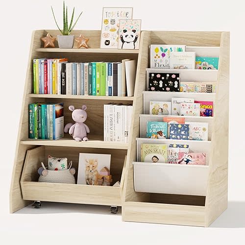 COZPAW Book Shelf for Kids Rooms, 4 Tier Kids Bookshelf with Movable Drawer 5 Sling Pockets, Toddler Bookshelf and Toy Storage for Bedroom, Playroom, Nursery (Oak)