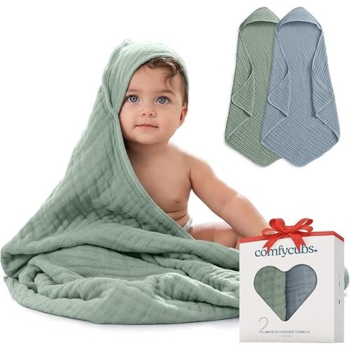 Comfy Cubs Hooded Baby Towel 2-Pack, Large 81 x 81 cm - 6 Layer 100% Muslin Cotton for Babies, Toddlers, Kids - Soft & Absorbent Baby Bath Towels - Unisex Design for Bath Time - Pacific Blue and Fern