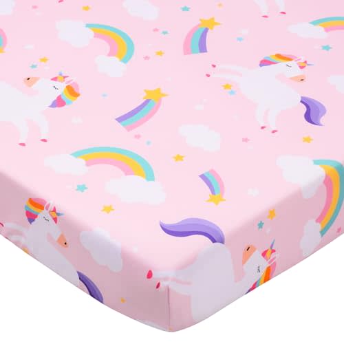 UOMNY Crib Sheet for Girls Unicorn Fitted Baby Crib Sheets for Standard Crib Mattresses Soft Toddler Bed Sheet Pink 28x52 Inch