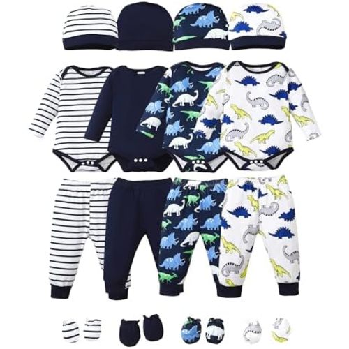 NZRVAWS Newborn Baby Boy Clothes Infant Romper Pants Set Hat 4-Pack Outfits 0-12 Months 16 Pieces Gift Toddler Girl Unisex