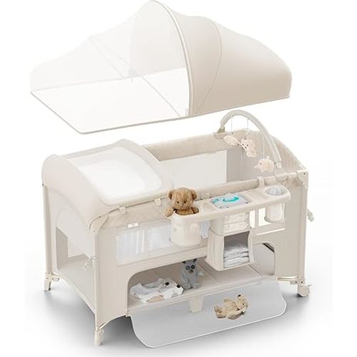 4 in 1 Baby Bassinet, Pack and Play, Bedside Crib Sleeper, Diaper Changer - Comes with Mattress, Mosquito Net, Bottom Storage and Toy Bar for Newborn to Toddles