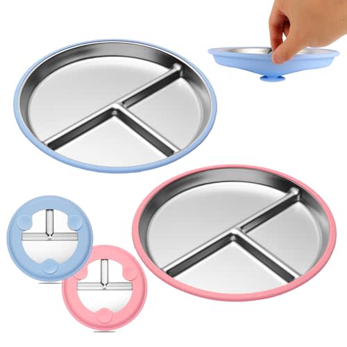 2-Pack Stainless Steel Kids Plates with Suction - Stainless Steel Toddler Plate with 9-Inch Divided Design, Baby Plates for Mealtime, Non-Toxic BPA-Free, Microwave/Dishwasher Safe