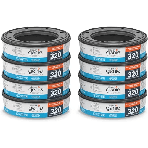 Diaper Genie Essentials Round Refill 8-Pack | Holds Up to 2560 Newborn Diapers | Features Unscented Continuous Film | Compatible with Diaper Genie Complete and Expressions Pails,8 Count (Pack of 1)