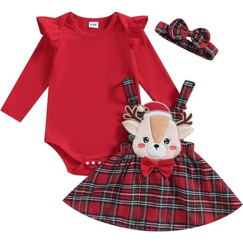 0-3 Month Christmas Outfit Long Sleeve Romper Suspender Skirt Set 3Pcs - 0-3 Months - A-red