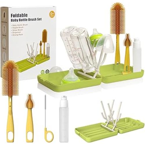 YOTIME Travel Bottle Brush, Travel Bottle Cleaner Kit with Foldable Bottle Drying Rack, for Visit Friends and Relations, Baby Travel Essentials, BPA Free, Green