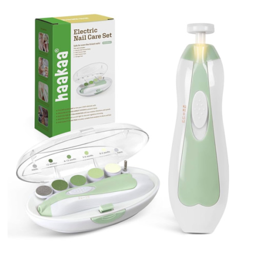 haakaa Baby Nail File Electric Baby Nail Care Set with LED Light, Baby Nail Clippers for Newborn/Infants/Adults Toenails and Fingernails, 6 Replacement Heads & Storage Case, Green