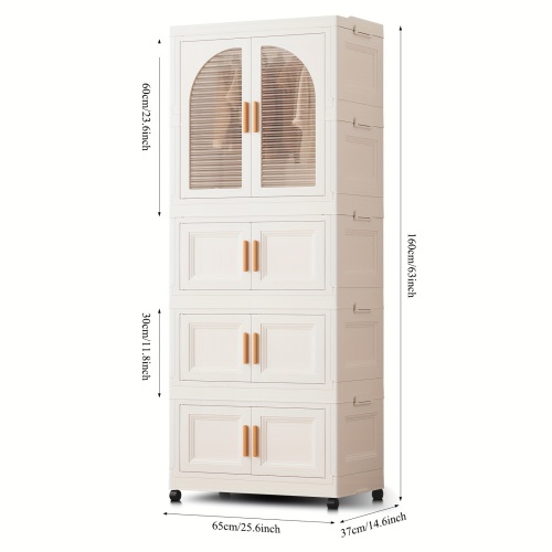 3/4Layer Folding Storage Cabinet/ Wardrobe, Multifunctional Storage Bins, 25.6" X 14.6" X 63" with Magnetic Door Storage And Organization, Plastic on Wheels, No-Assembly (10 Hangers + 4 Hooks)