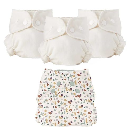 Esembly Cloth Diaper Bundle Set - 3 Organic Cotton Absorbent Inners and 1 Waterproof Outer Diaper Cover - Reusable, Washable, Snap Closure Cloth Diapers - Size 1 (7-17lbs), Terrazzo