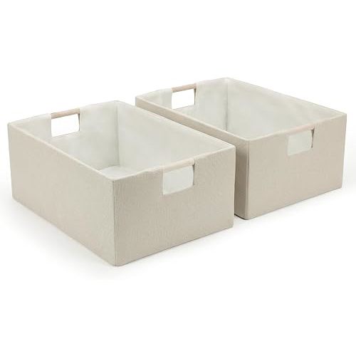 Foldable Fabric Storage Baskets Set of 2 for Shelves, Linen Decorative Storage Bins with Wooden Handles, Small Organizer Cubes for Closet, Rectangle Canvas Boxes for Organizing, Decor (Beige 2 Pack)