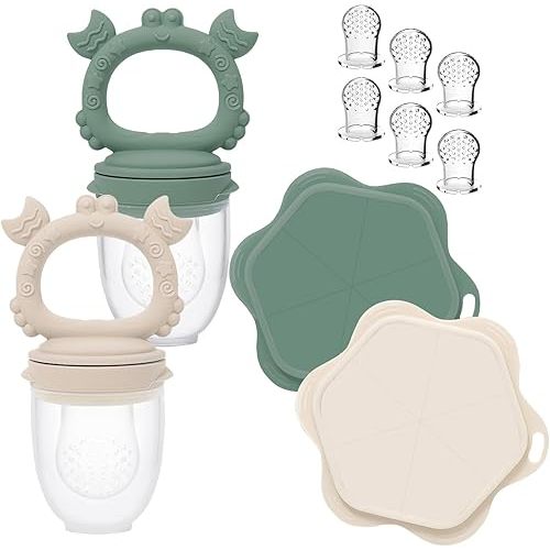 Ginbear Baby Fruit Food Feeder & Popsicle Molds Combo Set of 2 for Teething Relief with 6 Extra Pouches, Mesh Silicone Feeders for Babies 4 Months+ (Dark Sage + Ivory)