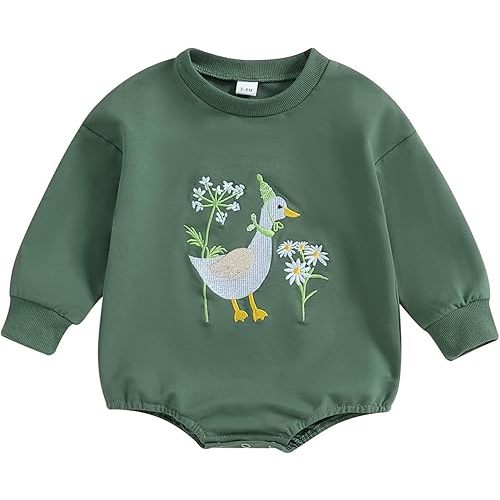 Newborn Baby Girl Fall Clothes Duck Silly Goose Embroidery Long Sleeve Sweatshirt Bubble Romper Animal Farm Outfits