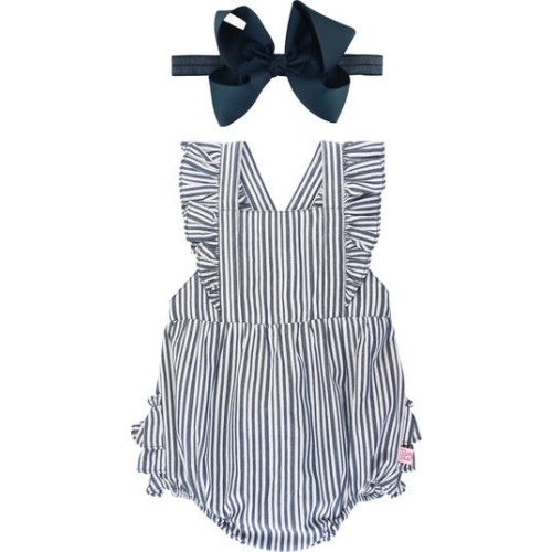 Stripe Bubble Romper & Bow Head Wrap Set, 3-6M
