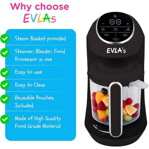 EVLA'S Baby Food Maker, Steamer, Blender, Baby Food Processor for Healthy Homemade Baby Food in Minutes, Touch Screen with 6 Reusable Food Pouches, Baby Registry Essential, Dark Grey