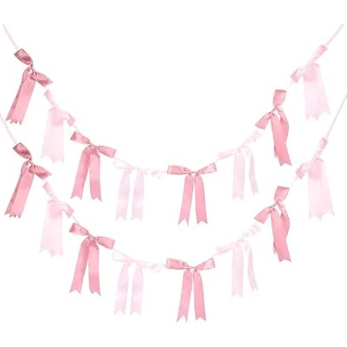 Pink Bow Garlands Banner Decoration, 2 Strings 16PCS Pre-Strung Satin Ribbon Hanging Ornaments for Birthday Baby Shower Girls Nursery Christmas Wedding Party Bow Themed Supplies 6.5 Feet