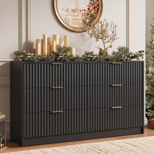 YouTrend 6 Drawer Dresser for Bedroom,55.1"Width Fluted Wood Chest of Drawer with Golden Embedded Handles for Living Room,Black