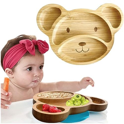 Bamboo Suction Plates Bowls Set for Baby Toddler Divided Platter Food bowl with Silicone Fork & Spoon All-Natural Baby Feeding Set for Baby-Led Weaning, Non-Slip Design - Green Feeding Set