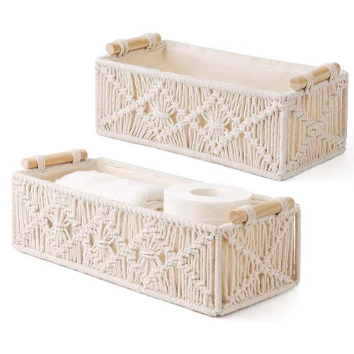 Macrame Storage Baskets Boho Decor Box Handmade Woven Countertop Toilet Tank Shelf Cabinet Organizer, Set of 2,A