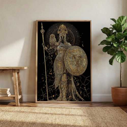 Athena With Owl And Shield Of Wisdom, Canvas Gold Art Print, Real Wood Frame, Ancient Greek Mythology Warrior Decor