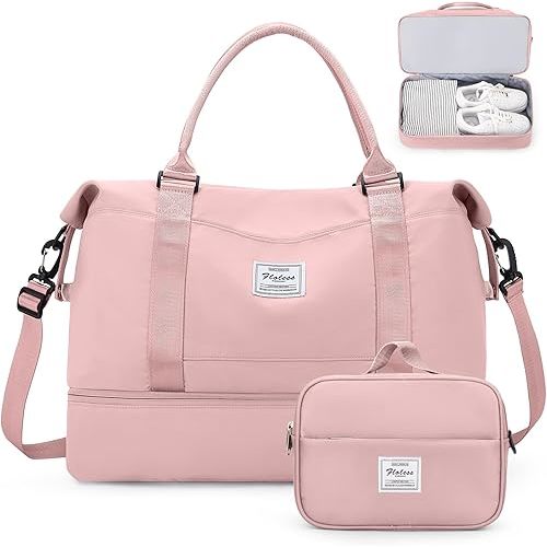 Weekender Bags for Women,Overnight Travel Duffel Bag with Shoes Compartment& Toiletry Bag,Extra Large(Pink)