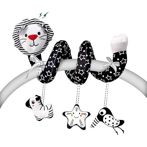 LiKee Spiral Car Seat Toys for Babies 0-6 Months, Black High Contrast Plush Hanging Baby Stroller Toys, Crib & Carseat Sensory Activity for Newborn, Ages 0+ Years 6-12 Month Infants Boy Girl Gifts