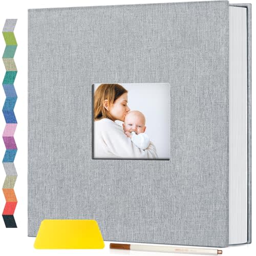 Popotop Photo Album Self Adhesive with Picture Display Window,40 Pages DIY Baby Memory Book for 4x6 8x10 Picture,Linen Cover Scrapbook for Wedding,with Scraper and Metallic Pen