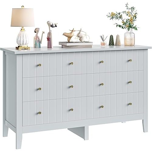 FOTOSOK White Dresser, Chest of Drawers, Modern 6 Drawer Double Dressers with Deep Drawers, Nursery Dresser for Baby, Wide Storage Organizer Cabinet for Living Room, Hallway,Gray