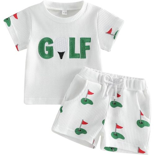 Kupretty Toddler Baby Boy Clothes 6 12 18 24 Month 2T Summer Outfits Waffle Knit Golf Embroidery Tees T-shirt + Shorts Set (Golf-White, 6-12 Months)