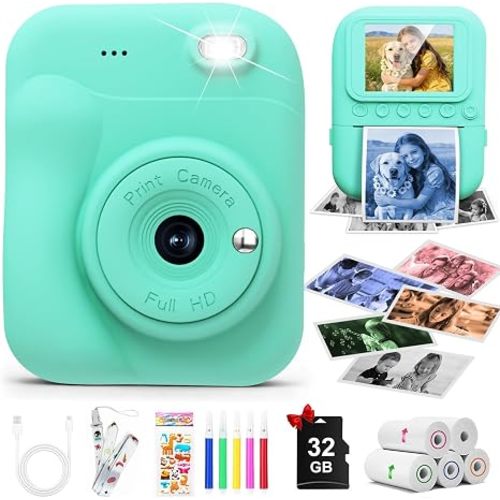 Kids Camera Instant Print, 1080P Kids Digital Camera with Color Photo Printing, Portable Toddler Camera Toy for Girls Boys Age 3-12, Christmas Birthday Gifts, 5 Rolls Paper & 32GB SD Card, Green