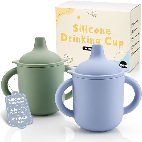 Silicone Sippy Cups 2 Pack for Babies 6+ Months, 6 oz Toddler Training Cups for Bottle Transition, Soft Spout, Leak Resistant, BPA Free Silicone for Milk, Water & Everyday Feeding